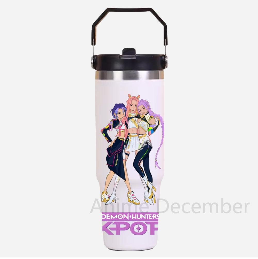 30Oz K-Pop Portable Car Cup Stainless Steel Thermos Cup with Straw Travel Sports Water Bottle with Handle Cover Coffee Vacuum Flask