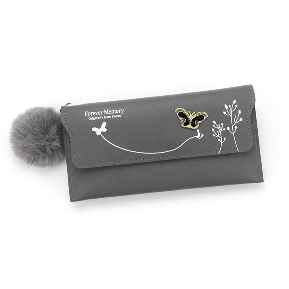 Women PU Leather Flap Wallet with Plush Ball Lady Butterfly Coin Purse MIT