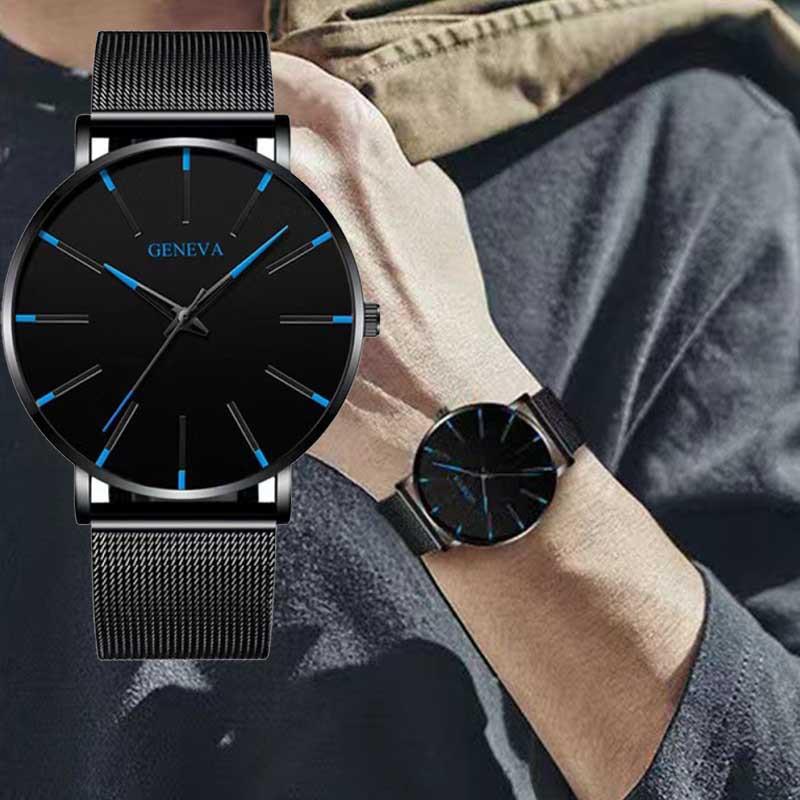 Fashion Mens Business Black Watches Luxury Stainless Steel Ultra Thin Mesh Belt Quartz Men Wrist Watch Casual Classic Male Watch