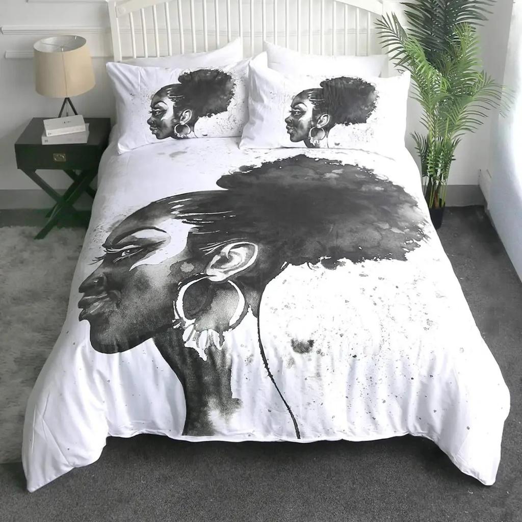 Afroamerikanskt Påslakanset Afro Sängkläder Svart Kvinna i Etnisk Klänning Sängset Stam Modern Urban Heminredning King