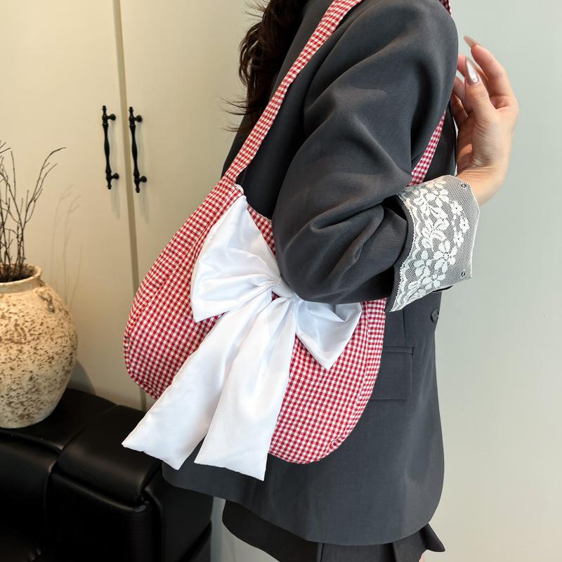 2025 New Plaid Tote Bag Lazy Versatile Shoulder Bag Women's Bow Messenger Bag Trendy Bag