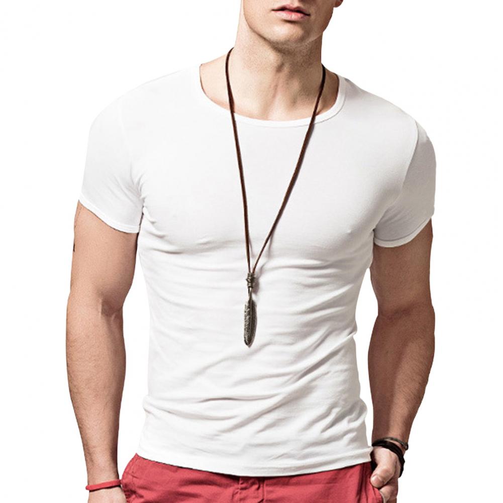 

Summer Gentlemen Top Short Sleeves O Neck Slim Fit Solid Color Thin Elastic Mid Length Everyday Pullover Daily Homewear Sport T-sh Practical Use M белый