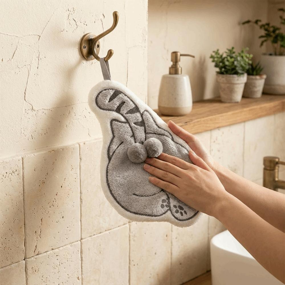 Cute Super Absorbent Cartoon Hand Towel Thickened Cat Pattern Kitchen Towel Coral Fleece Soft Hanging Towel Kitchen