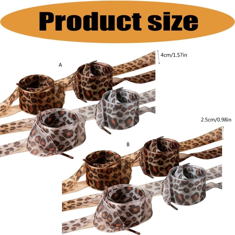 Replacement Ribbon Shoelaces for Canvas Shoes and Sneakers, Leopard Print Sheer Shoelace with Aglets for Footwear Styling, 4 Pair