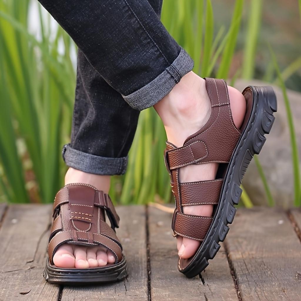 Men's Classic Casual Sandals, Head Layer Cowhide Leather Comfortable and Durable, Beach Vacation Shoes, Non-slip Soft Bottom Outdoor Hollow Sandals
