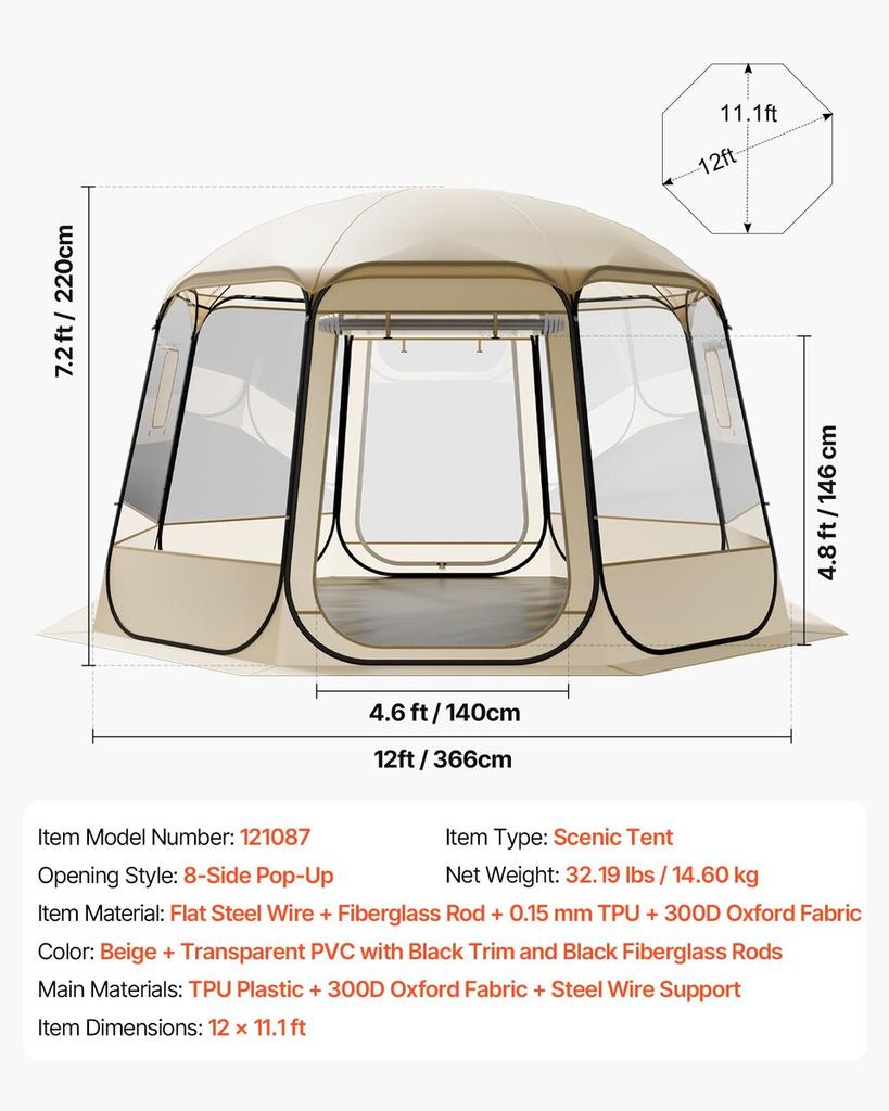 Pop up Bubble Tent, 3.36 x 3.45 m Waterproof & UV-Resistant, Clear Camping Tent Shelter, Outdoor Garden Dome Igloo Tents with Windows, 540° Panoramic