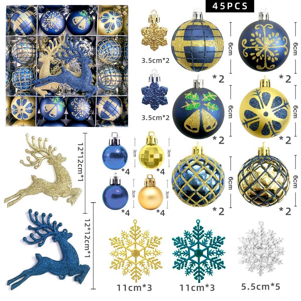 45Pcs Christmas Ball Set Luxury Xmas Balls With Snowflakes And Reindeer Christmas Tree Ornaments For Xmas Party Home Decoration