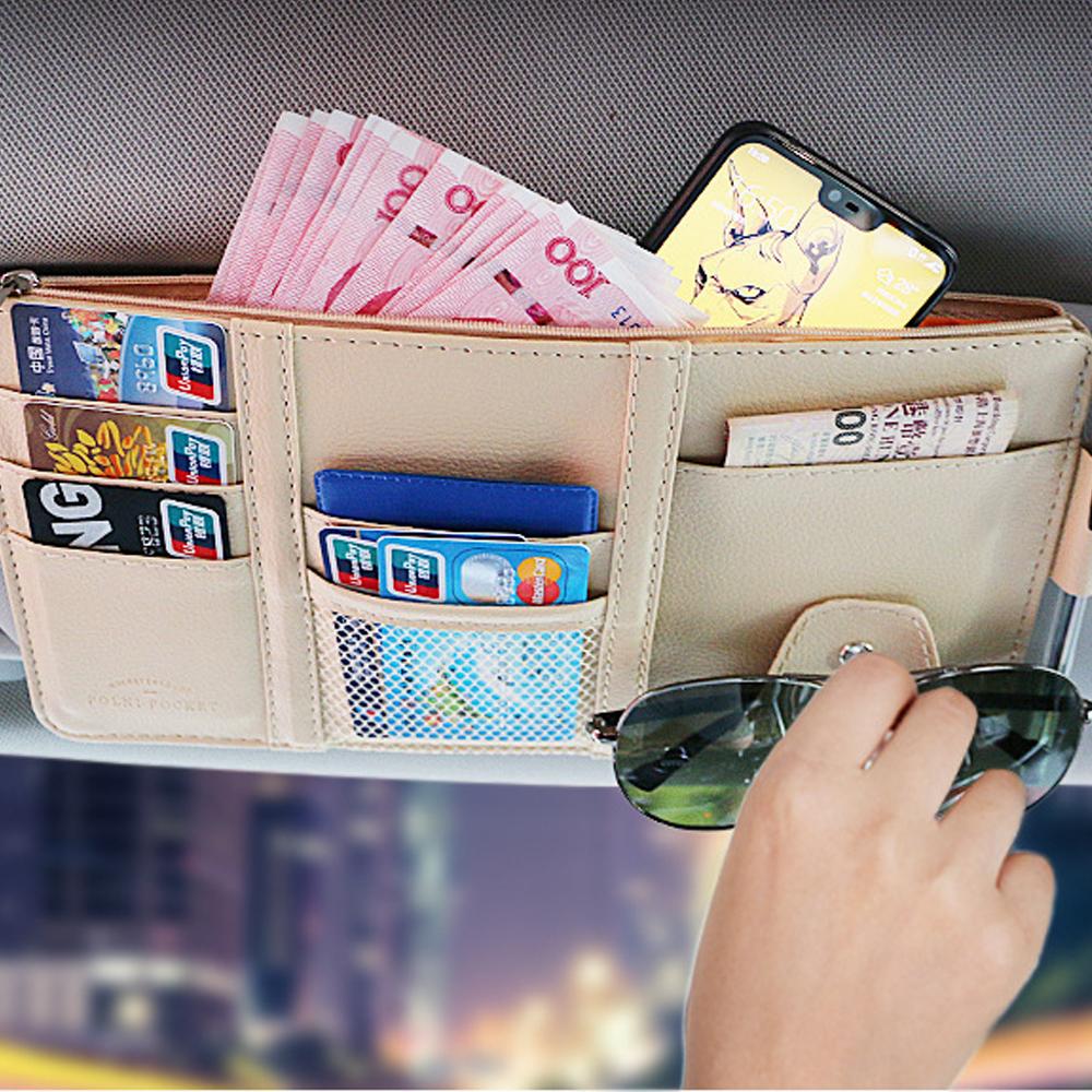 Auto Sonnenblende Aufbewahrungstasche PU Leder Mehrfachtaschen Sonnenblenden Organizer Box Auto Brillenhalter Kartenhalter Aufbewahrungstaschen