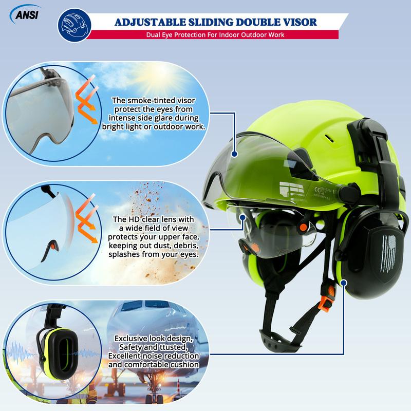 Casco di Sicurezza con Visiera Integrata Occhiali di Protezione Colore a Contrasto Paraorecchie Riduzione del Rumore per Ingegnere Elmetto da Lavoro Industriale ANSI