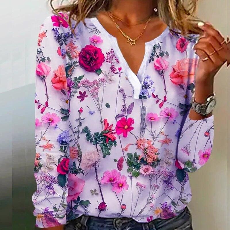 Eleganta kontorstoppar Dam Casual Växt Blommönster Skjorta Kvinna Vintage V-ringad Långärmad Blus Damkläder 25966