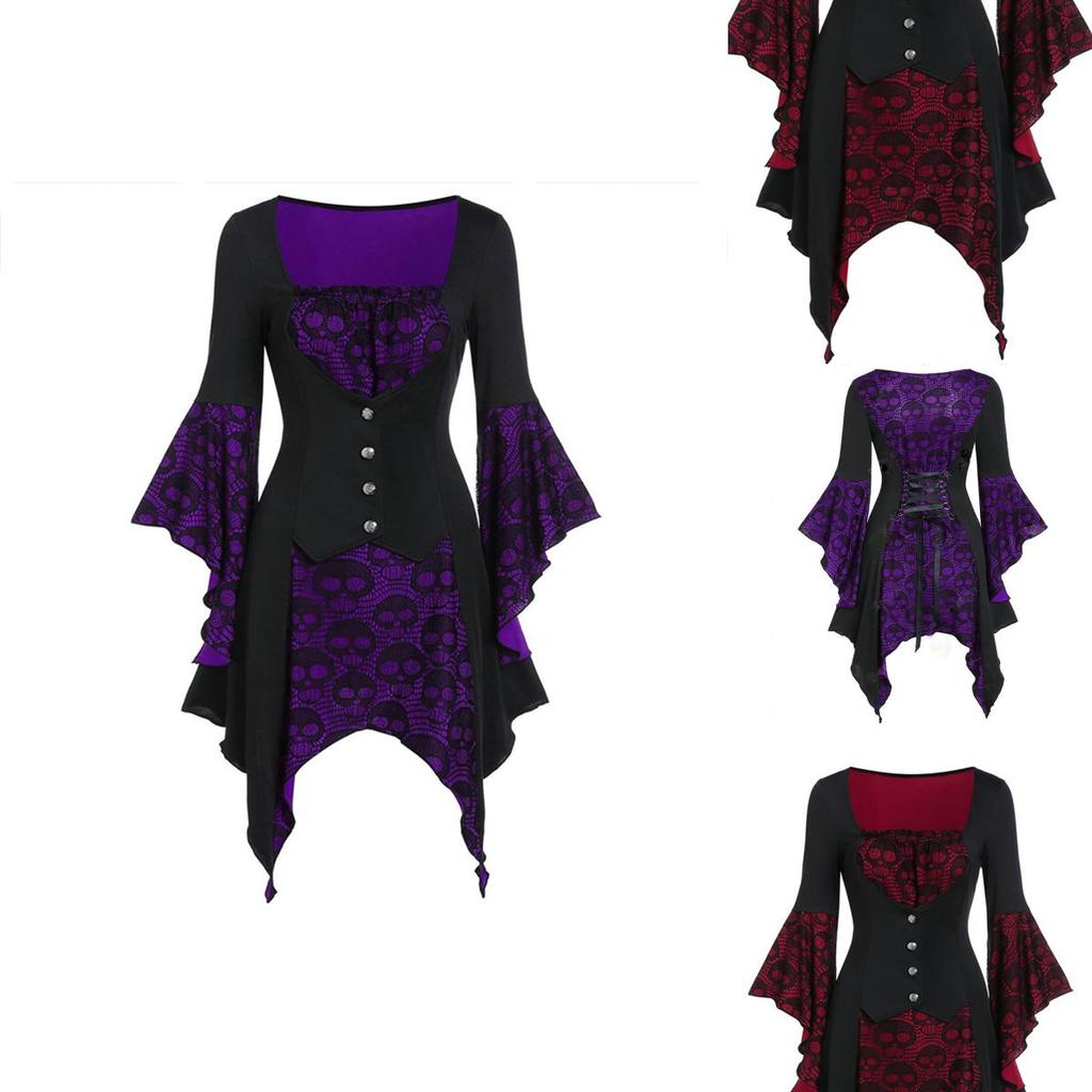 Women's Vintage Skull Head Medieval Gothic Witch Cosplay Costume Dress For Halloween Party