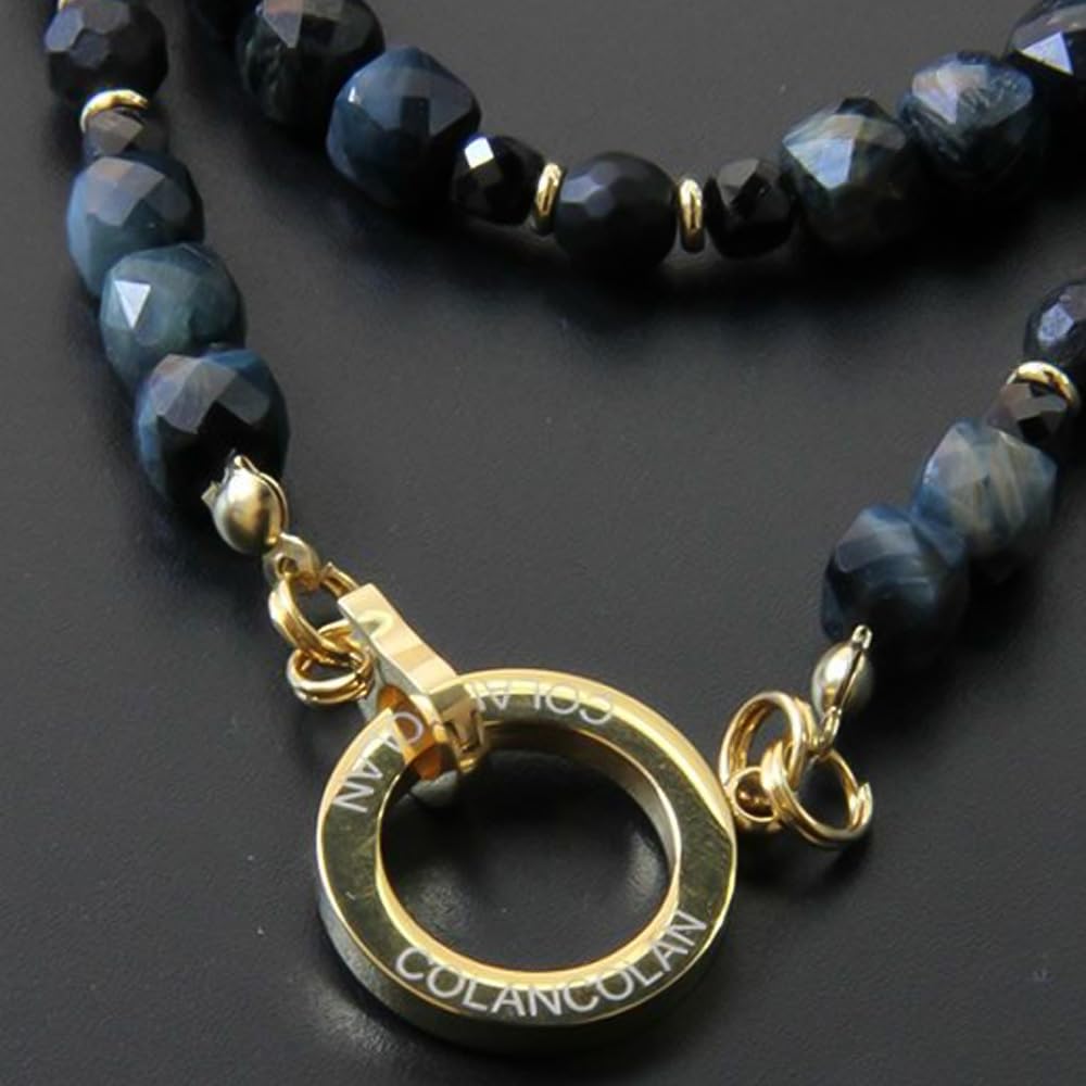 [Kolan Kolan] FORCE 5 Polyhedral Cube Necklace with Dark Blue Tiger Eye Negative Ion Relaxing Stone (Small, approx. 40cm)