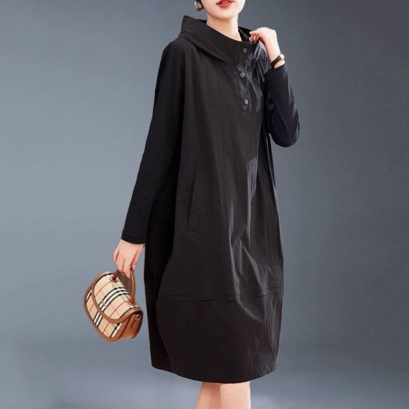 

Модное повседневное платье для женщин: Осеннее корейское платье с капюшоном и цветными блоками в стиле пэчворк, длинное M чёрный