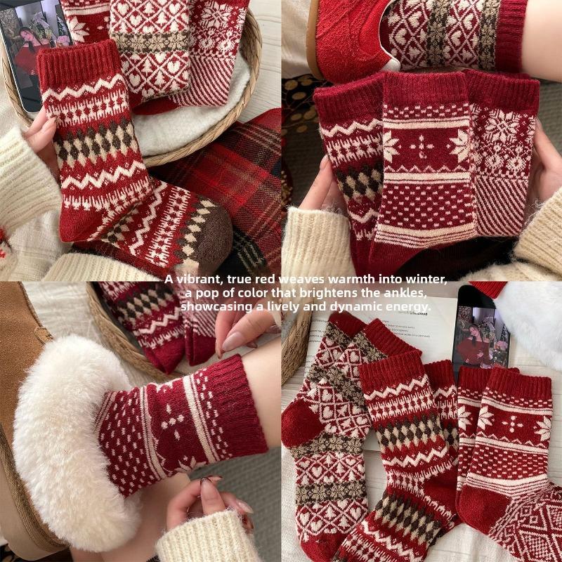Noworoczne Czerwone Skarpety, Skarpety Fair Isle, Jesienno-Zimowe Zagęszczone Wełniane Skarpety do Połowy Łydki, Retro w Kształcie Diamentów
