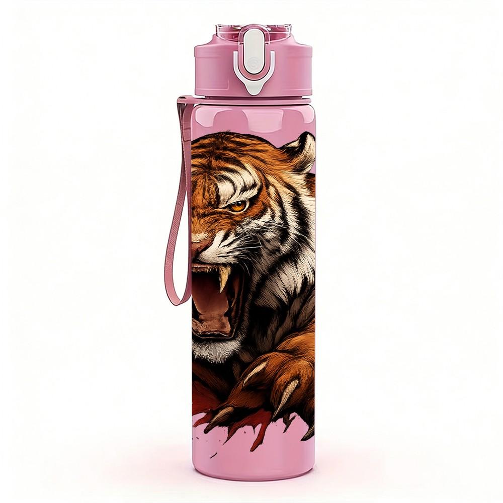 1PC Fierce Tiger Wild Animal Pattern 750ml Color Plastic Sports Water Bottle Leakproof Flip Straw Lid Suitable for Sports Office Home Use