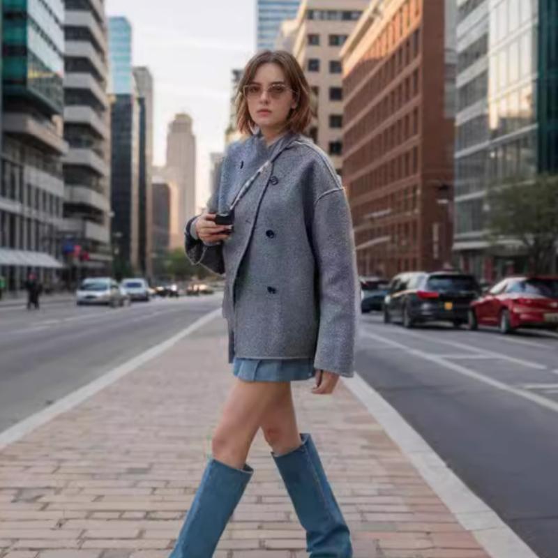 Elegant Grey Women Loose Jacket Long Sleeve Stand Collar Coat Double Breasted Female Winter