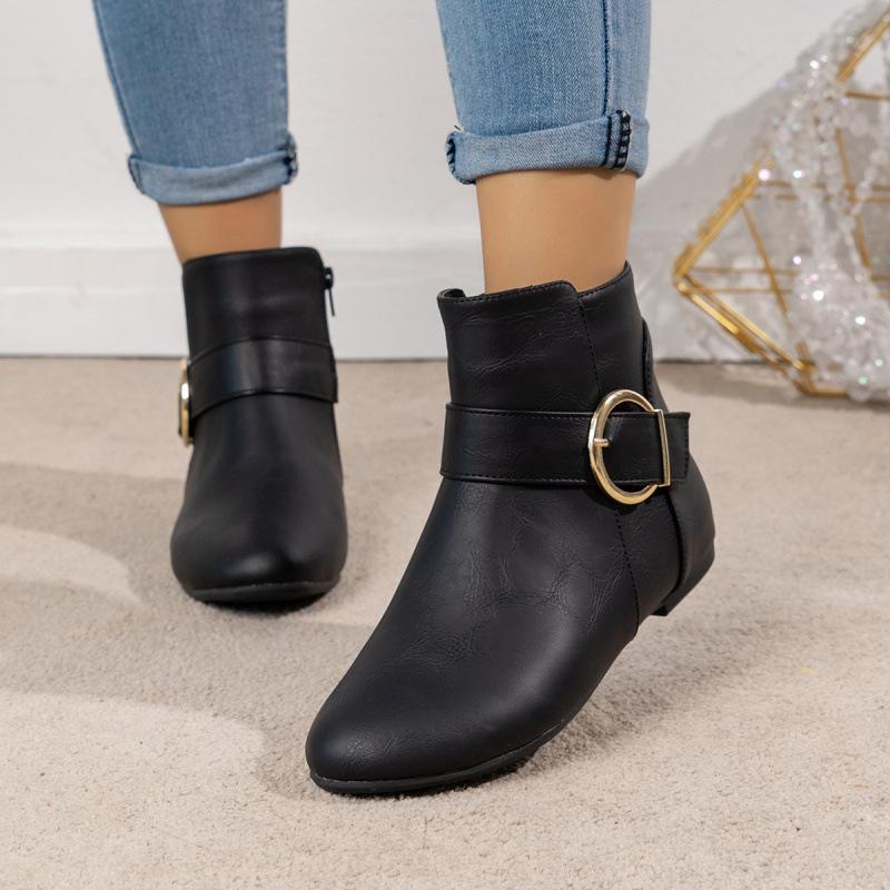 Autumn new large buckle side zipper flat bottom low top European and American versatile women's boots fashionable and comfortable short boots