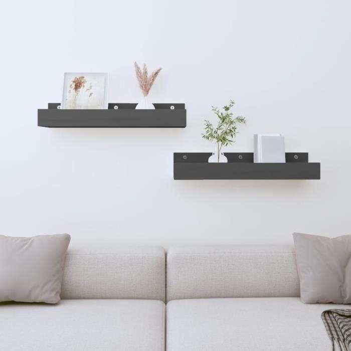 823586 vidaXL Étagères murales 2 pcs Gris 50x12x9 cm Bois de pin massif