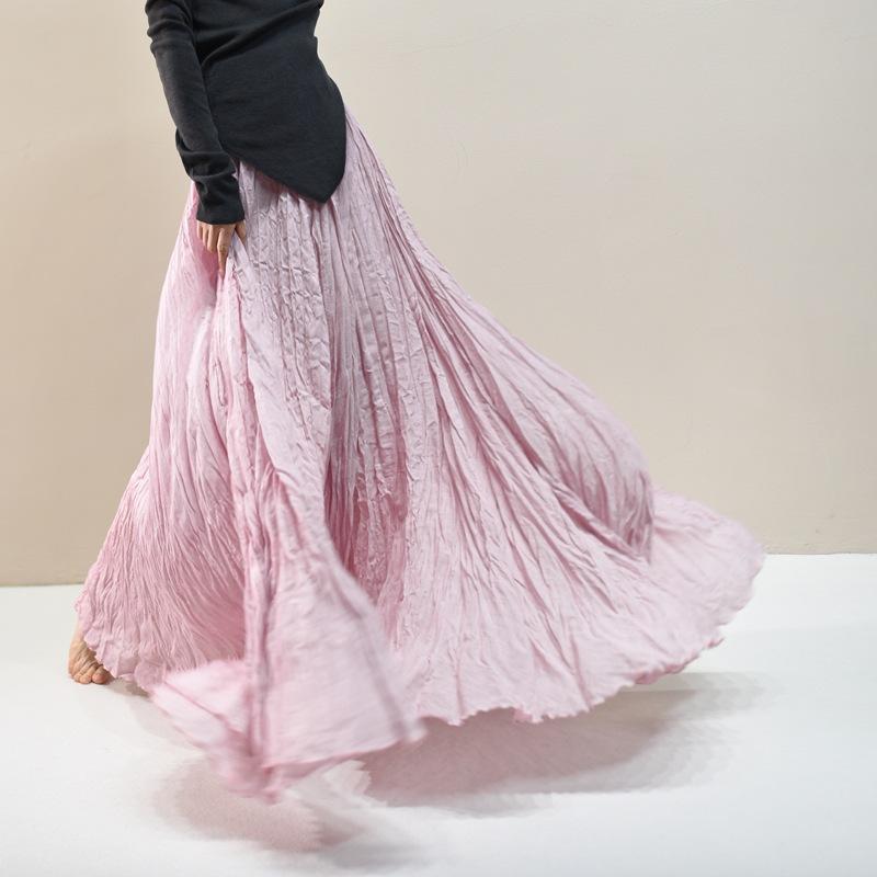 Women's Linen Maxi Skirts Summer Boho Solid Beach Elastic High Waist Pleated A-Line Flowy Swing Long Maxi Skirts Elastic Waist Long Skirt for Women