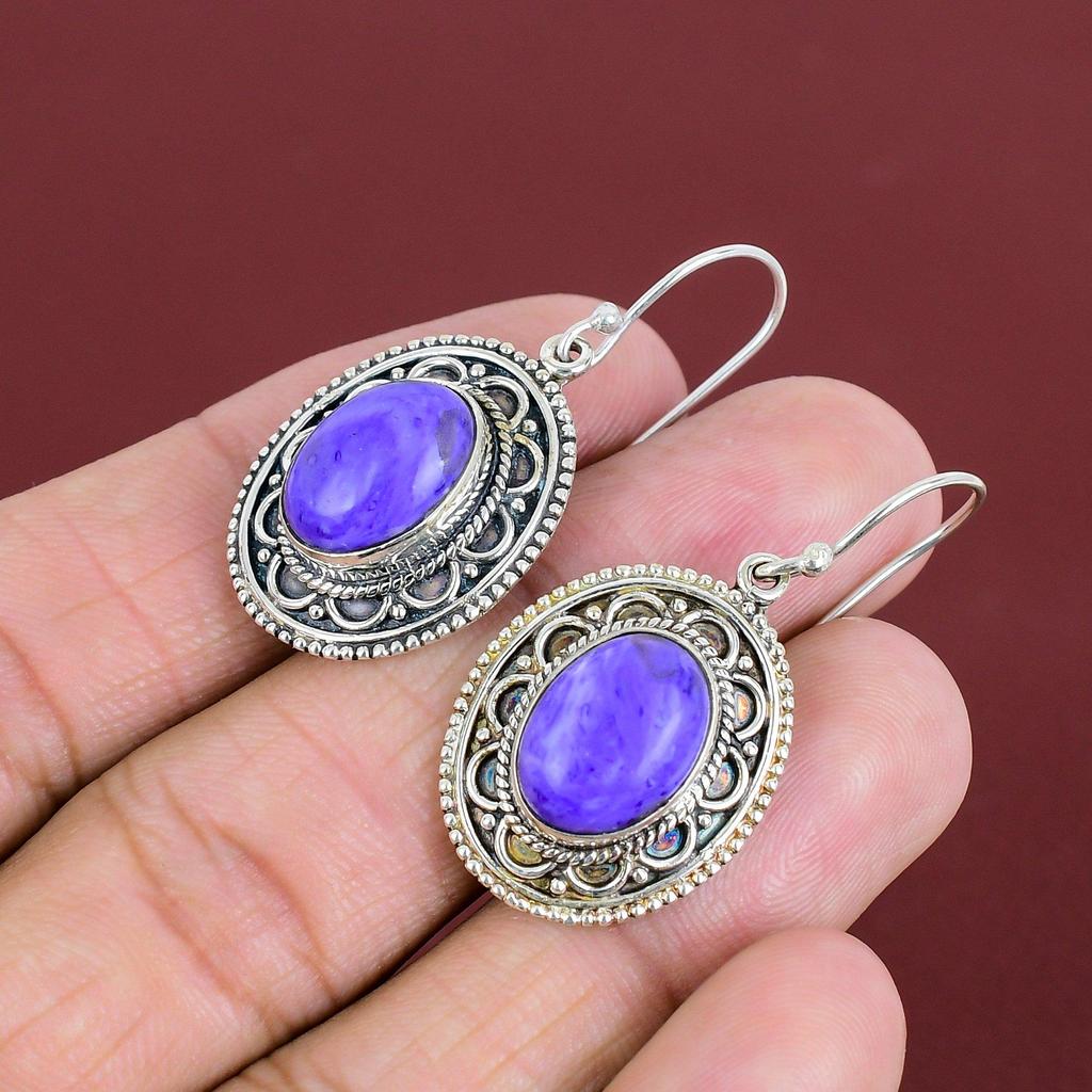 Charoite Earring Natural Gemstone Earrings Vintage Earring Latest Design Jewelry 925 Sterling Silver Earring Handmade Earring Gifts For Wife