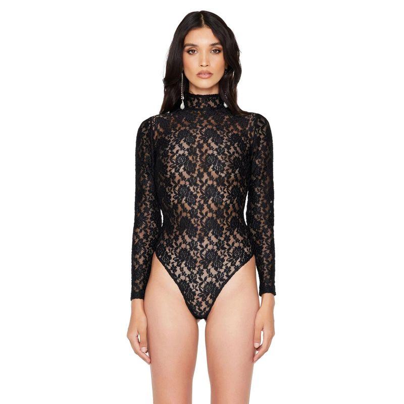 

European and American Sexy Silm See-through Lace Long Sleeves Jumpsuit Shorts Women Lace Bodysuit Jumpsuit Black XL