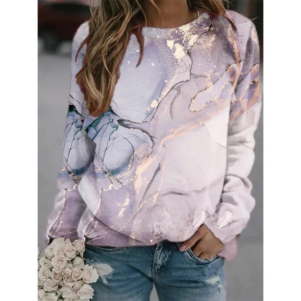 Hot Selling New Marble Texture 3D Printed Women's Casual Round Neck Long Sleeved T-shirt