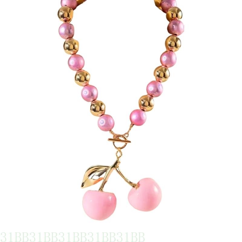 31BB Elegant Cherry Necklace With Romance Stylish Pearls Beaded Clavicle Chain For Women And Fashion Enthusiasts розовый