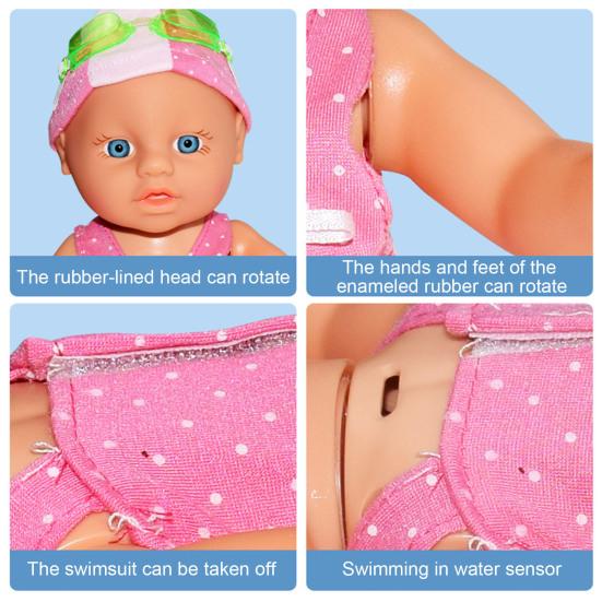 Swimmer Doll for Pool Bathtub Waterproof Electric Swimming Baby Doll with Rotating Head Removable Swimsuit Water Fun Partner
