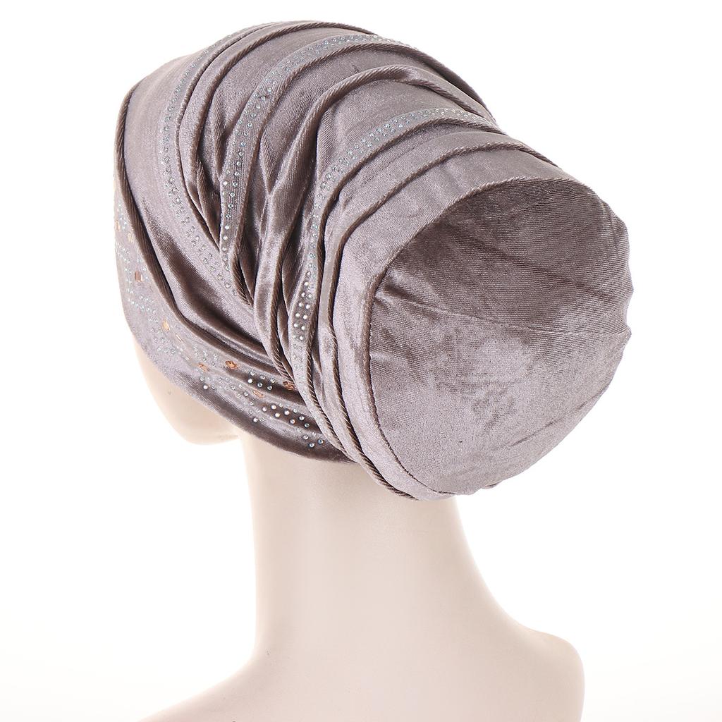 Glitter Diamonds Pleated Turban Caps for Women Soft Velvet Head Wraps Caps Muslim Headscarf Bonnet Female Beanie Pullover Cap