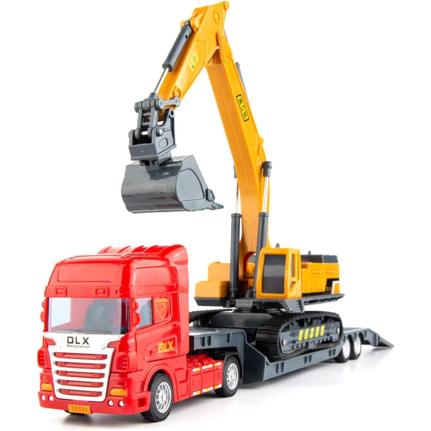 

Игрушечный бортовой грузовик с танком, экскаватором, армейскими игрушками-бульдозерами, игрушечными грузовиками с полуплатформой и прицепом, строительными грузовиками для малышей 39*5.5*7.5cm, Excavator жёлтый/красный