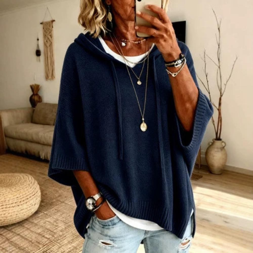 Women New Knit Hooded Drawstring Sweatshirt, Loose Casual Knitted Outerwear Sweater