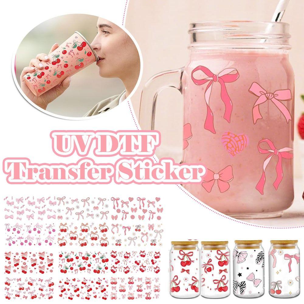 7Pcs/Bag Smooth UV DTF Transfer Sticker Clear Pink Bow Decals  For 16Oz Glass Cup