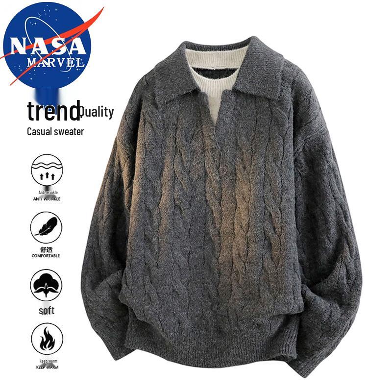NASA MARVEL Men's Cable Knit Lapel Sweater