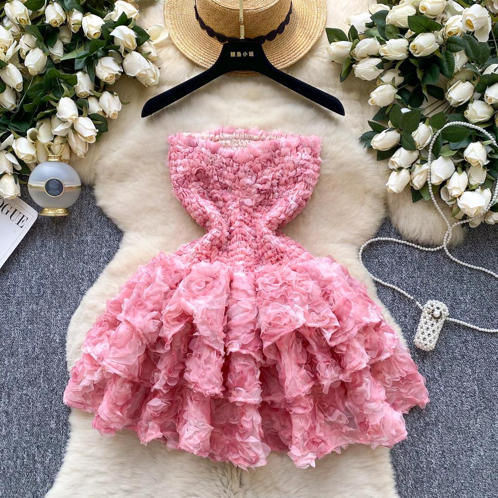 French Sweet Atmosphere Tube Top Dress Women's Summer Three-dimensional Flowers Small Hot Girl Fluffy Short Skirt