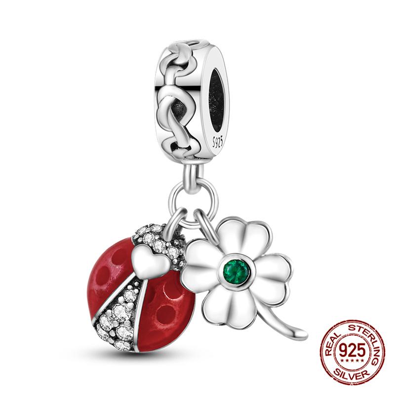 100% 925 Silver Heart Shaped Four Leaf Clover Ladybug Charms Fit Original 925 Women Bracelet DIY Jewelry Making Gift