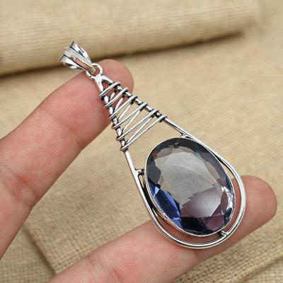 Iolite Gemstone 925 Sterling Silver Handmade Design Oval Shaped Jewelry Pendant For Her