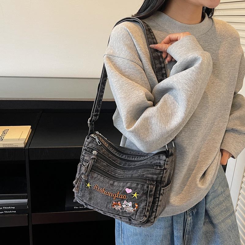 Damen Bestickte Denim Tasche Leichte Umhängetasche