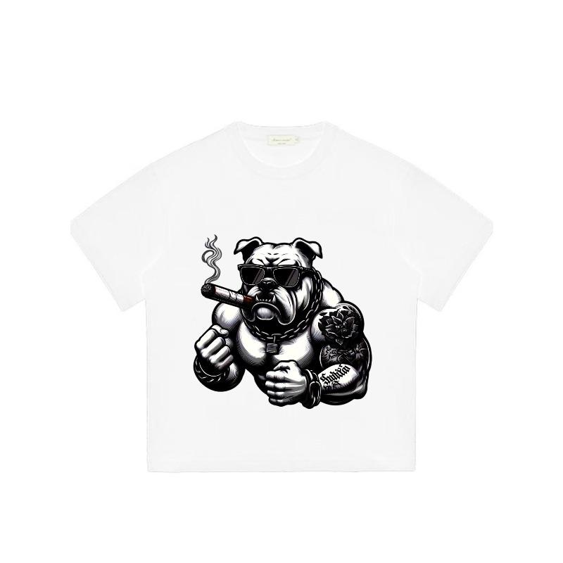 Black T Shirt with Bulldog Smoking Cigar Tattoo Design for Casual Streetwear Style