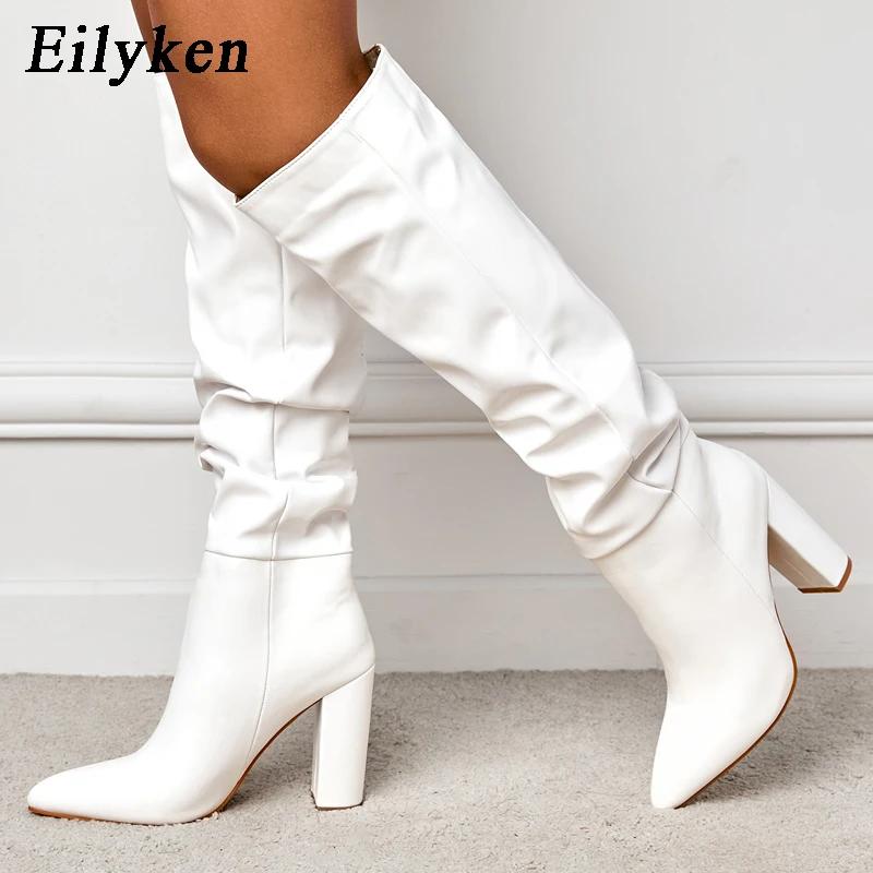 Fashion White Black Women Knee High Boots Sexy Pointed Toe Square Heels Ladies Long Slip On Female Shoes Size 35-42