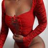 Women Fashion Sexy Rompers See Through Hollow Out Solid Color Rompers Long Sleeve Lace Seductive Bodysuit