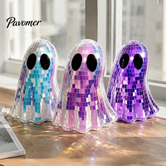 Reflective Mosaic Art Disco Ghost Tabletop Ornament, Iridescent Mirror Figurine, Retro Holiday Atmosphere Ornament Halloween Party Decor, Cute Spooky