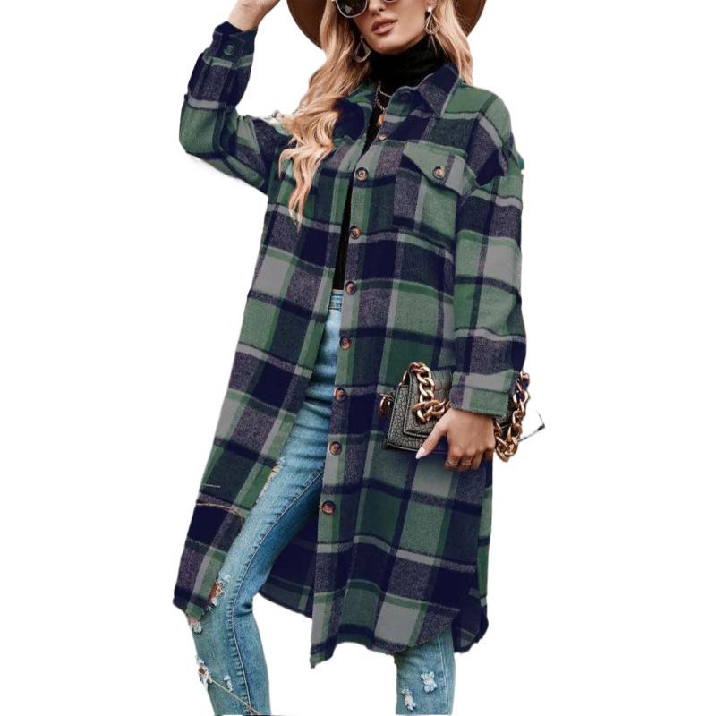 Women's Mid-Length Plaid Long Sleeve Loose Woolen Coat for Autumn/Winter, Plus Size