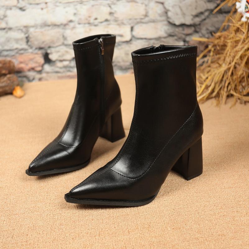 High Heel Skinny Boots Women's Autumn New Pointed Toe Rear Zipper Anti-Slip Wear-Resistant Block Heel Short Boots