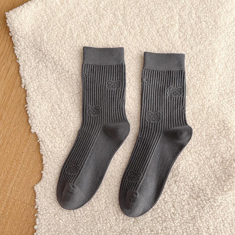 Katon Bear Mid-calf Socks, Autumn Combed Cotton, Cute Mid-calf Socks, Solid Color, Versatile, Pile Pile Socks, Boneless