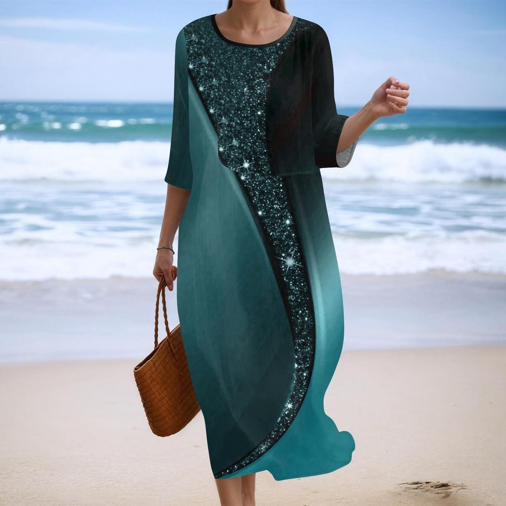 Damen Modisches Bedrucktes Rundhals Siebenviertelärmel Lockeres Kleid