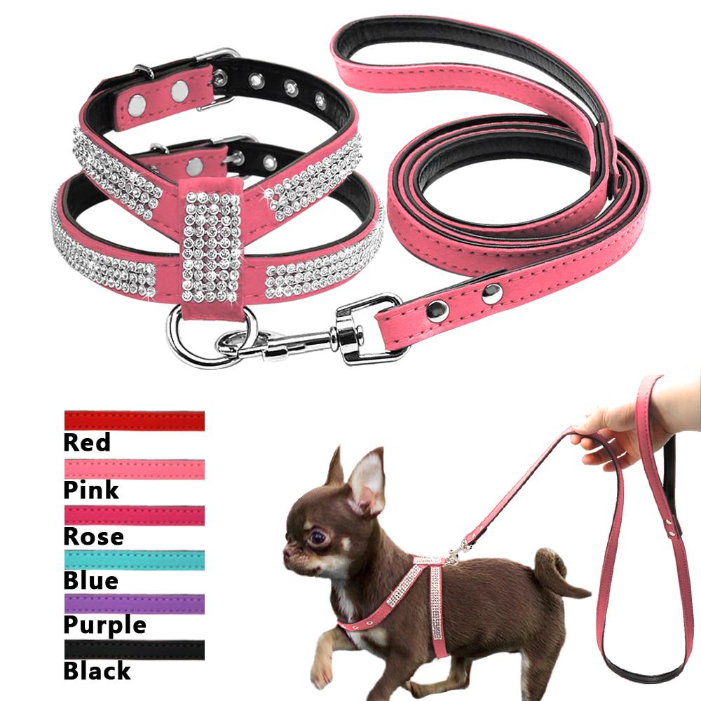Buy Small Dog Harness And Leash Set Suede Leather Rhinestone Pet