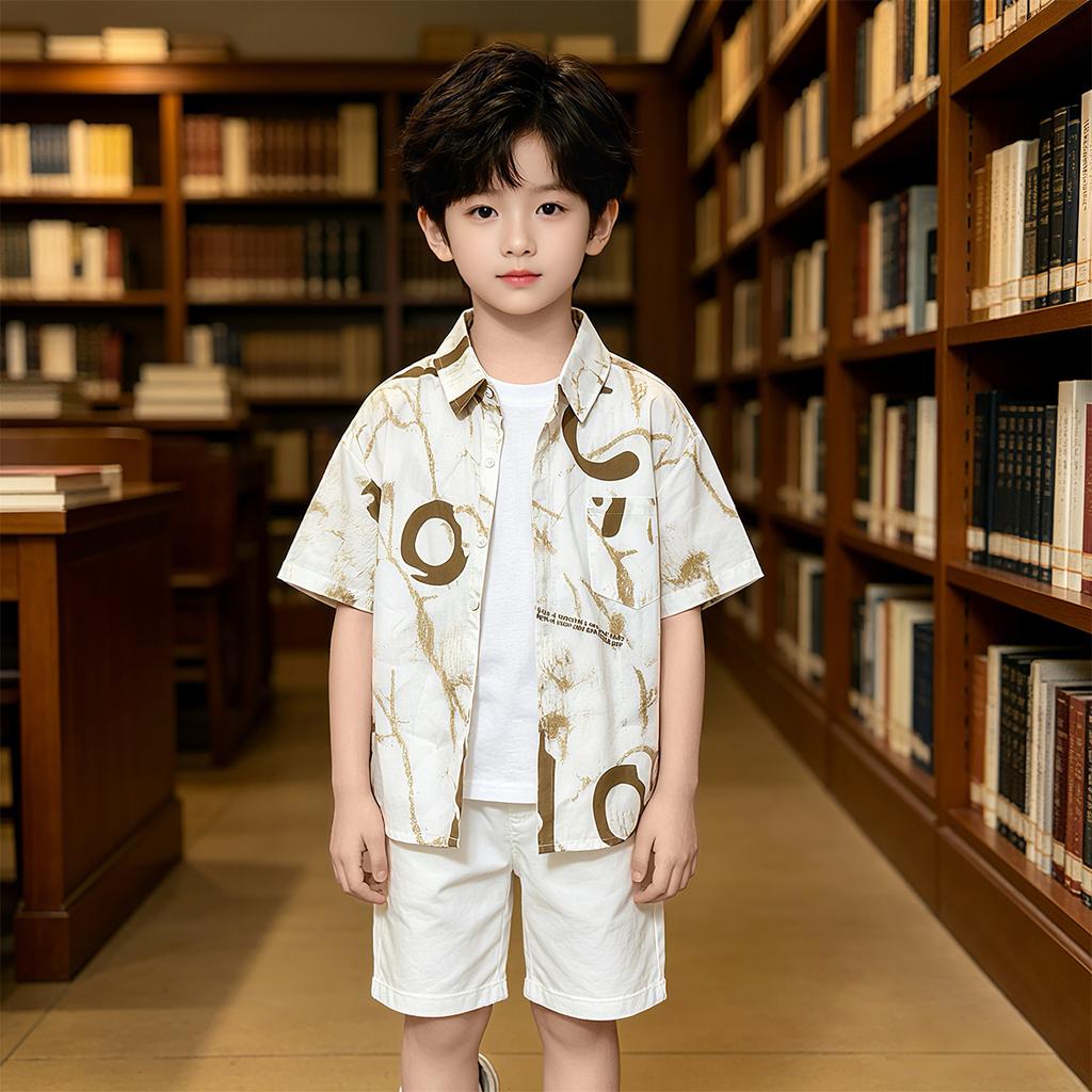 Boys' Collar Shirt Summer Men's Treasure Casual White Pure Cotton Children's Shirt