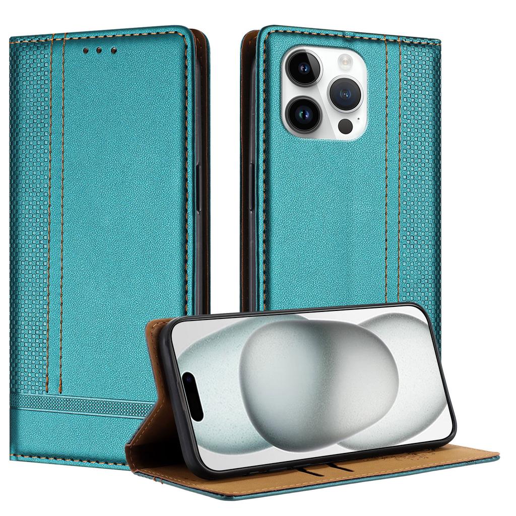 For iPhone 15 Pro Max Case L-Shaped Grid Pattern Leather Stand Phone Cover with Card Slots