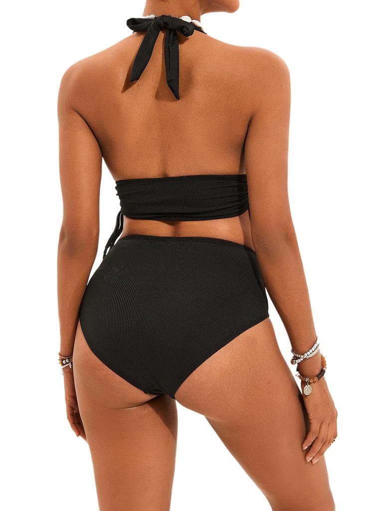 Solid Ribbed Tie Side Sexy Bikini Set Comfortable Elegant Two Piece Swimwear