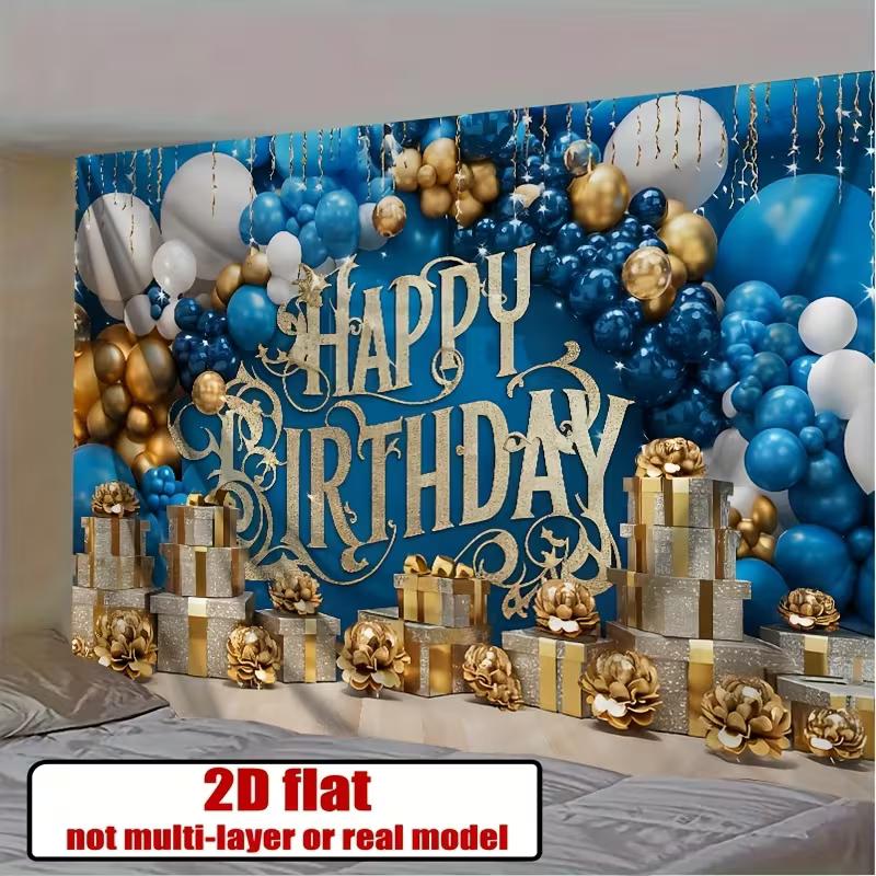 2D Alles Gute zum Geburtstag Hintergrundtuch Blaue Goldene Luftballons und Geschenke Wanddeko